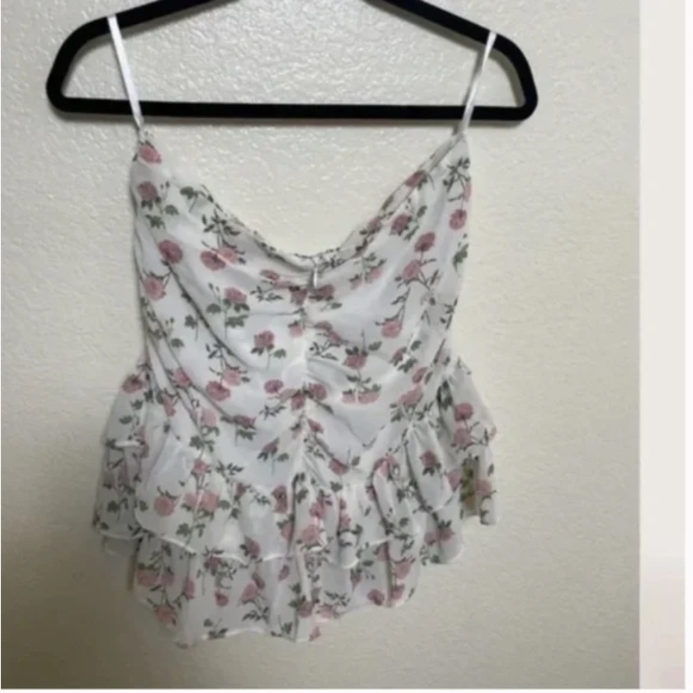 Strapless Floral Ruffle Peasant Shabby Romantic Love Chic Glam Hip Blouse Top
